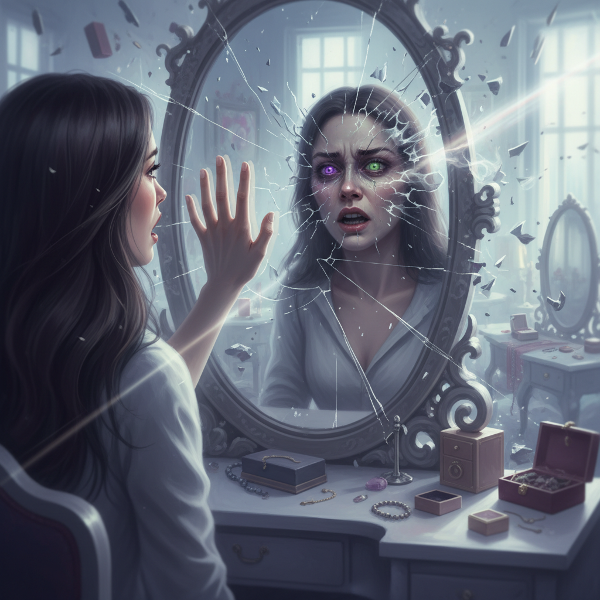 Kobieta patrząca w lustro, w którym jej odbicie zniekształca się w obcą twarz, symbolizując lęk i utratę tożsamości.