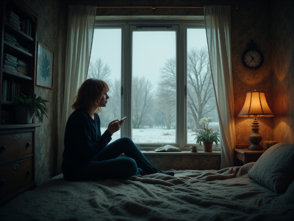 Kobieta w poczuciu stagnacji i wypalenia, z zamrożonym życiem intymnym i zawodowym w tle.