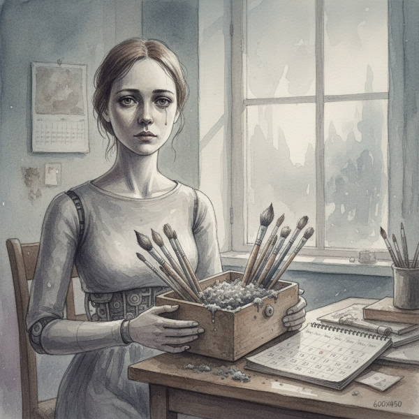 Kobieta czująca się jak automat, z kurzącymi się pędzlami do akwareli i rozmytym kalendarzem, symbolizująca emocjonalne odrętwienie i utratę radości.