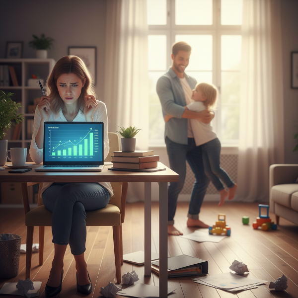 Kobieta doświadcza lęku przed sukcesem w swoim biznesie, podczas gdy jej rodzina stanowi tło pełne wsparcia, a wokół niej widoczne są oznaki samosabotażu.