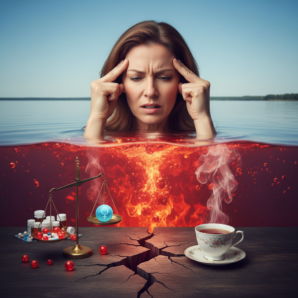 Kobieta doświadczająca wewnętrznego napięcia i wybuchów gniewu, z symbolami stresu i zmian hormonalnych.