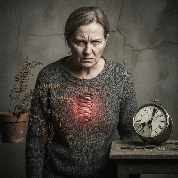 Kobieta w średnim wieku z widocznym napięciem, symboliczna sprężyna w klatce piersiowej, w tle zwiędła roślina i zatrzymany zegar.