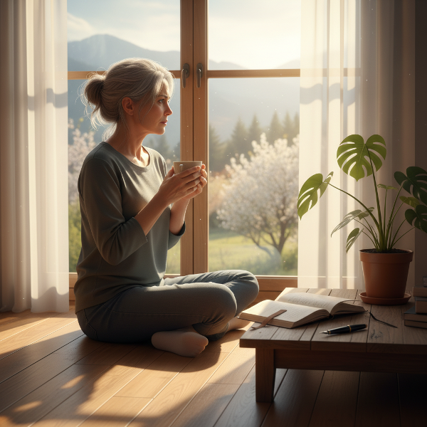 Kobieta w średnim wieku w momencie refleksji, szukająca nowego celu w życiu po usamodzielnieniu dzieci.