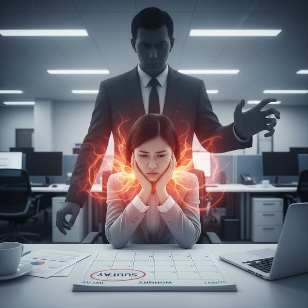 Ilustracja przedstawiająca kobietę odczuwającą napięcie w karku i ramionach, z symbolicznym przedstawieniem nieprzewidywalnego szefa i kalendarzem podkreślającym cykl tygodniowy.