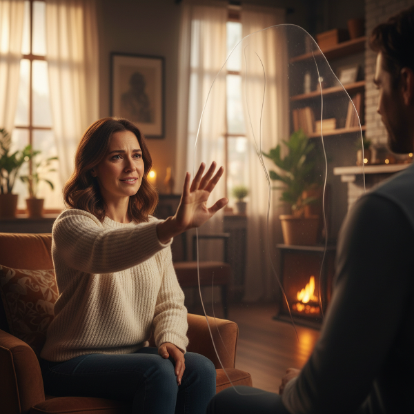 Kobieta w bezpiecznym, ciepłym wnętrzu, która jednocześnie doświadcza miłości i lęku społecznego, co symbolizuje delikatna, przezroczysta bariera między nią a partnerem.