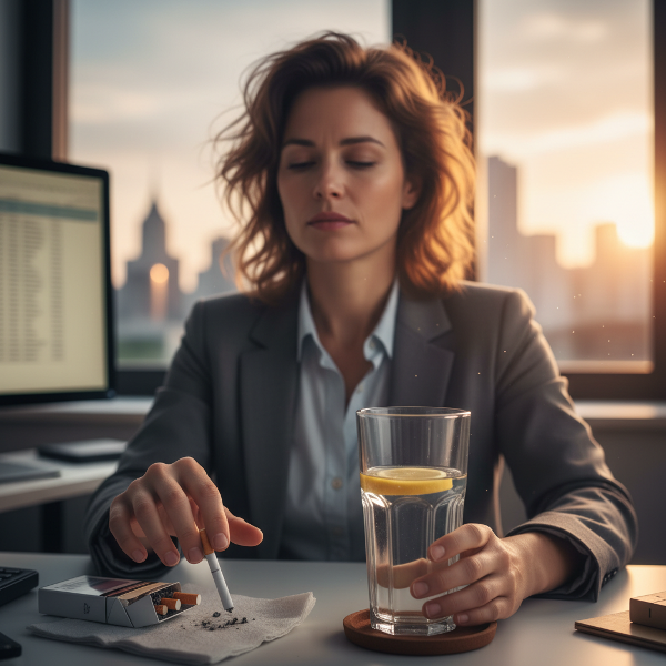 Kobieta w biurze przezwycięża nawyk palenia pod wpływem stresu, wybierając zdrową alternatywę.