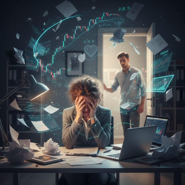 Kobieta sparaliżowana lękiem, otoczona symbolami presji finansowej, podczas gdy jej partner pozostaje w oddali, co ilustruje konflikt między stresem z budowania firmy a życiem osobistym.