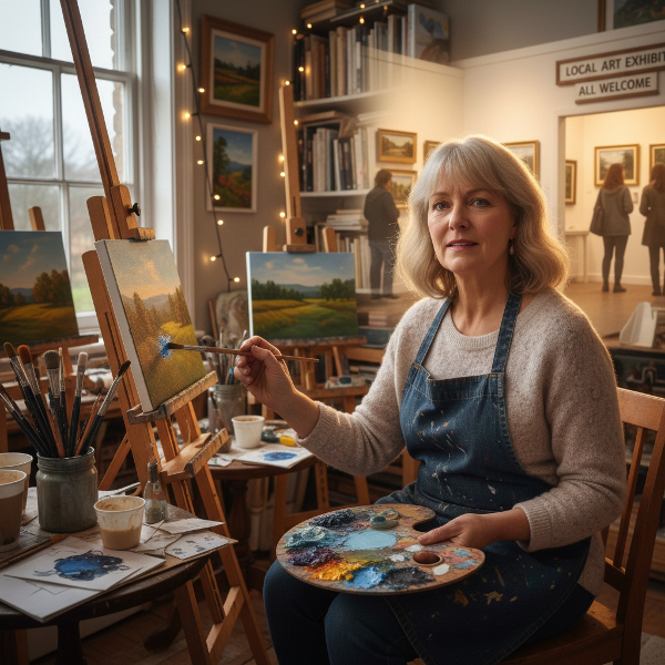 Kobieta w średnim wieku maluje w domowej pracowni, przeżywając radość tworzenia i lęk przed oceną, z wizją przyszłej wystawy w tle.