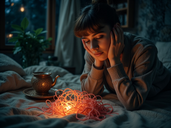 Kobieta w domu wieczorem, odczuwająca stres i samotność, z wizualizacją emocjonalnych i behawioralnych wzorców jako splątanych nici.
