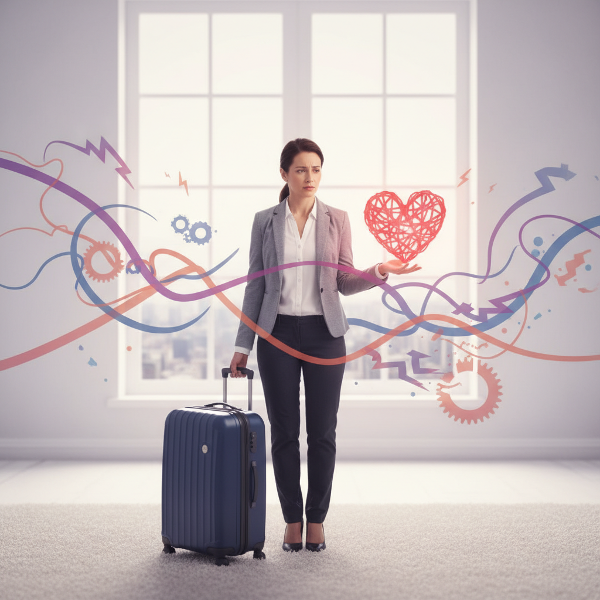 Kobieta rozdarta między karierą a związkiem, z walizką i sercem, w tle symbole napięcia i lęku.