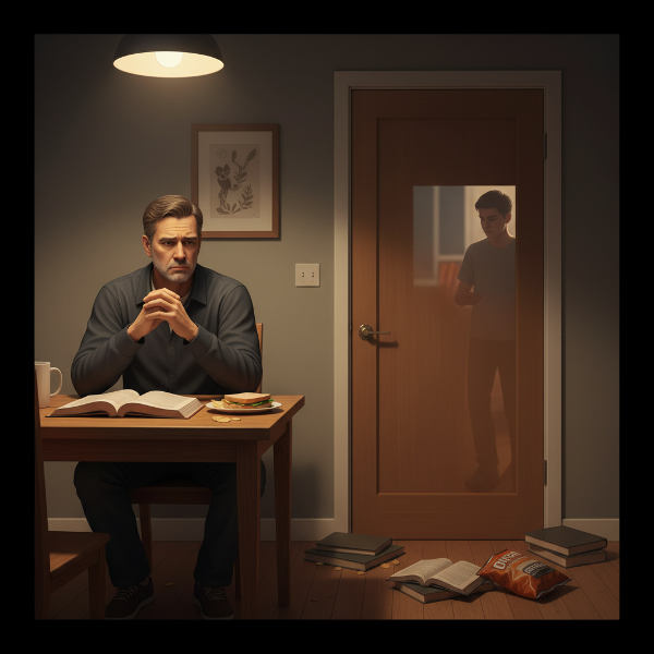 Ojciec zatroskany o syna, który zamyka się w pokoju pod wpływem stresu studiów.