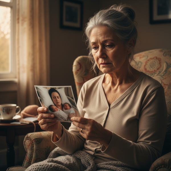 Starsza kobieta z troską patrzy na zdjęcie swojej wyczerpanej córki, która trzyma bliźnięta. W tle widać telefon, symbolizujący dystans i chęć pomocy.