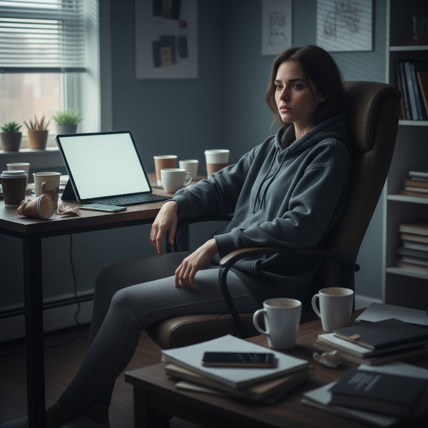 Młoda graficzka wpatruje się w pusty ekran tabletu, otoczona pustymi kubkami, wyrażając apatię i wyczerpanie.