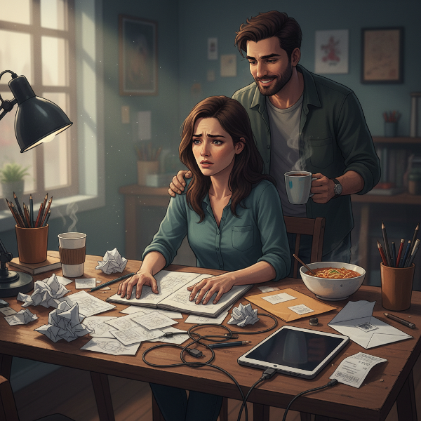 Ilustratorka przy biurku odczuwa presję finansową i blokadę twórczą, obok stoi wspierający partner.