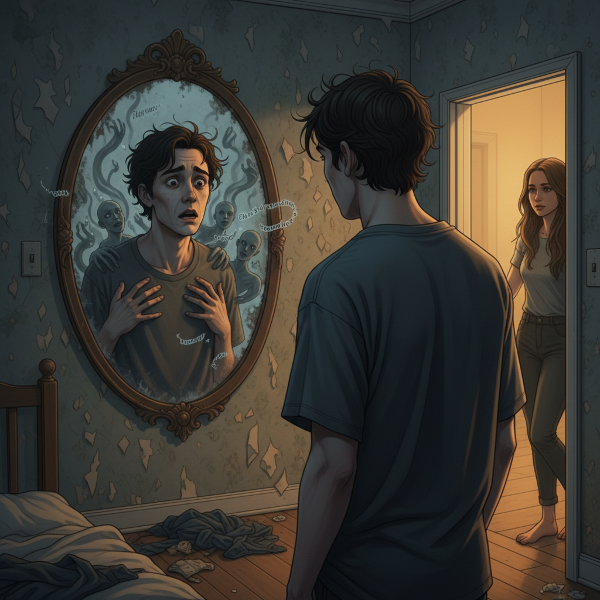 Młody mężczyzna patrzy w lustro z lękiem, jego odbicie jest zniekształcone. Unika światła z drzwi, gdzie czeka partnerka. Natrętne myśli o ciele jako cienie.