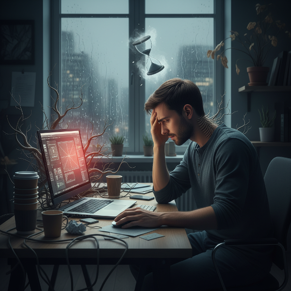 Młody grafik przy laptopie odczuwa napięciowy ból głowy, w tle widać symbole stresu i izolacji w domowym biurze.