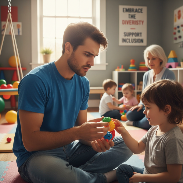 Młody wolontariusz w poczuciu przytłoczenia podczas asystowania dziecku z autyzmem, ukazujący konflikt emocjonalny i presję otoczenia.