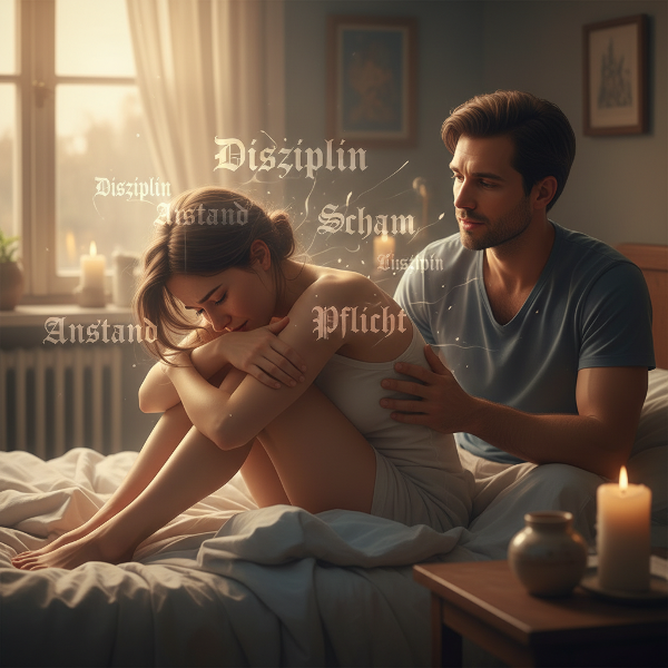 Ilustracja przedstawiająca młodą kobietę doświadczającą regresji emocjonalnej podczas intymności, z subtelnymi wizualizacjami wspomnień i cierpliwym partnerem.