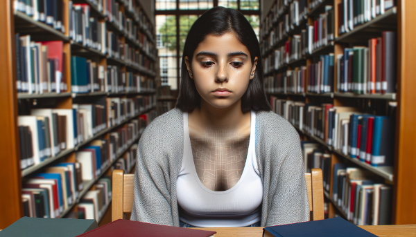 Młoda kobieta w bibliotece uczelnianej, wyglądająca na wyobcowaną i pustą w środku.