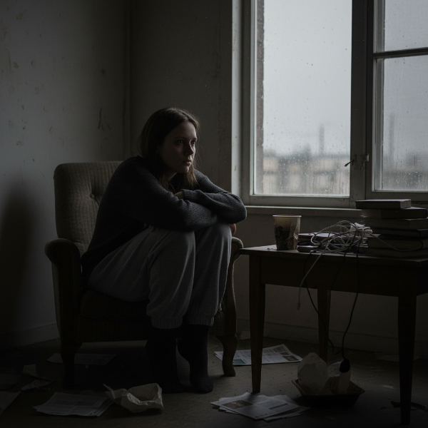 Młoda kobieta doświadczająca uczucia pustki i odrętwienia, siedząca samotnie w przyciemnionym pokoju.