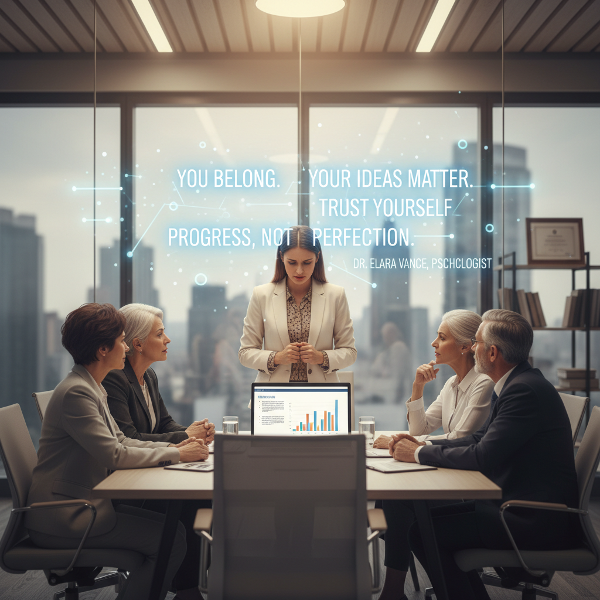 Ilustracja przedstawiająca młodą kobietę odczuwającą niepewność w nowej pracy, podczas prezentacji pomysłów przed zespołem, z wizualną reprezentacją syndromu oszusta i wspierających słów psychologa.