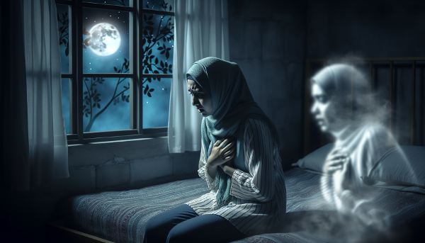 Ilustracja przedstawia młodą kobietę doświadczającą wieczornego lęku w sypialni, z symbolicznym nawiązaniem do jej wczesnej historii adopcyjnej.