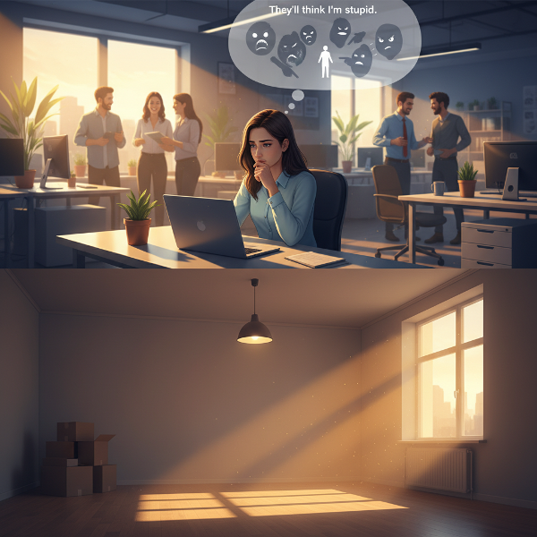 Młoda kobieta w biurze, otoczona ludźmi, ale czująca samotność. W tle jej pustego mieszkania widać ciepłe, wieczorne światło, a nad głową chmurę myśli z lękiem przed oceną.