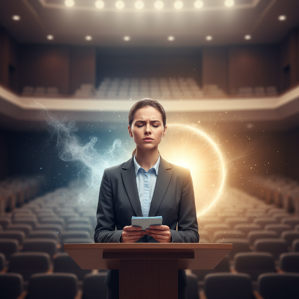 Młoda kobieta pokonująca lęk przed wystąpieniami publicznymi, stojąc z determinacją przy mównicy, podczas gdy światło pewności siebie rozprasza jej cień niepokoju.