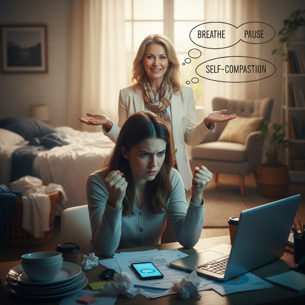 Ilustracja przedstawiająca młodą kobietę doświadczającą frustracji i gniewu w otoczeniu domowym i biurowym, z subtelną obecnością psychologa oferującego wsparcie.