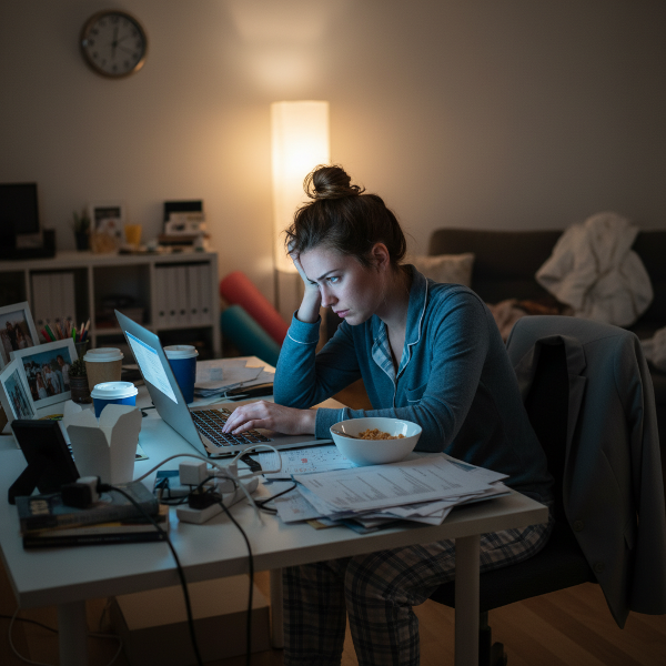 Kobieta pracująca zdalnie w domu, przytłoczona i zestresowana, bez wyraźnej granicy między pracą a życiem prywatnym.
