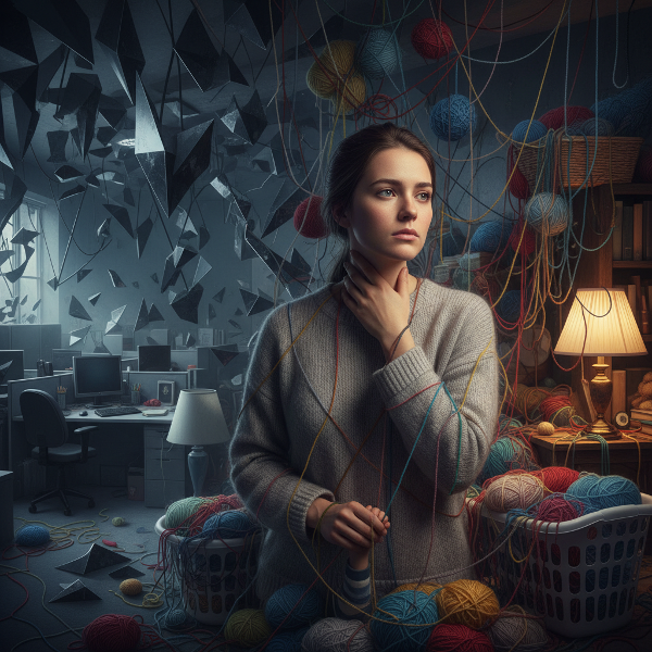 Kobieta doświadczająca psychosomatycznego uczucia guza w gardle, otoczona symbolami stresu z domu i pracy.