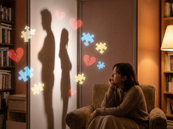Ilustracja przedstawiająca młodą kobietę zamyśloną nad różnicami w intymności w związku, z symbolicznymi elementami niedopasowania.