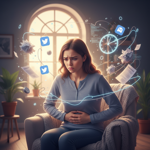 Młoda kobieta doświadczająca stresu związanego z IBS, otoczona symbolami presji studiów i mediów społecznościowych, z elementami nadziei.