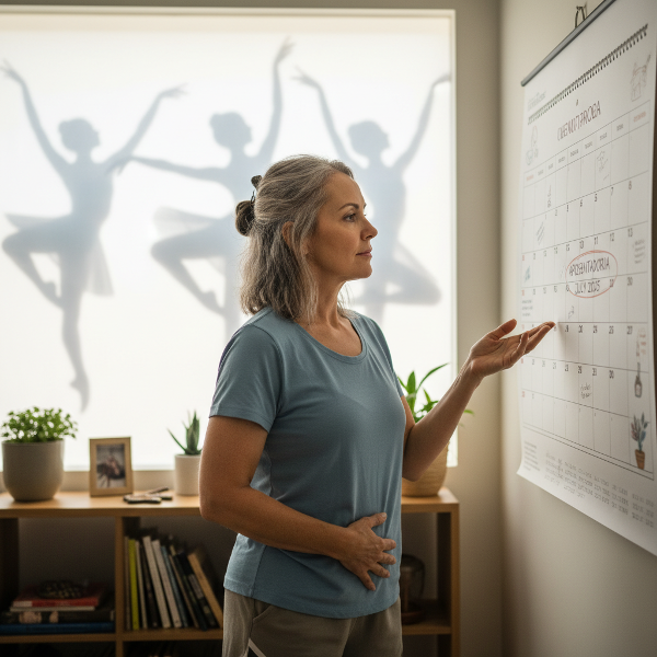 Uma mulher em transição para a aposentadoria, com expressão contemplativa e leve desconforto, simbolizando a dor física ligada à ansiedade emocional da mudança.