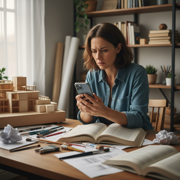 Uma profissional em seu escritório, cercada por plantas de arquitetura, encarando a tela brilhante do celular com expressão de cansaço, enquanto seus antigos hobbies, como tintas e um livro aberto, são negligenciados ao fundo.