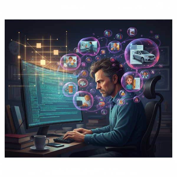 Um homem de meia-idade, com expressão de cansaço, sentado em seu local de trabalho diante de um computador, enquanto pensamentos ansiosos e catastróficos pairam ao seu redor como nuvens sombrias, mas com um raio de luz ordenada representando as estratégias de controle.