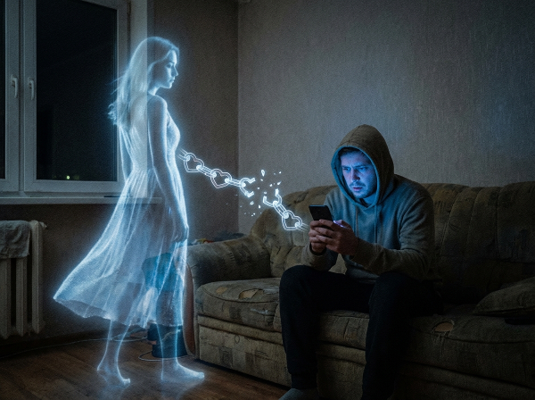 Um homem em um quarto escuro, olhando ansiosamente para a tela brilhante do celular. Uma imagem fantasmagórica de uma mulher aparece ao fundo, com uma corrente de corações entre eles mostrando tensão e rompimento.