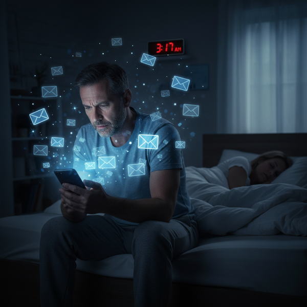 Um homem de meia-idade, com expressão ansiosa, verifica seu celular no quarto escuro enquanto sua esposa dorme, cercado por ícones de e-mail brilhantes e um relógio mostrando hora avançada.