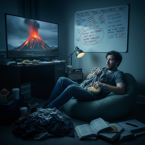 Ilustração de um homem em um quarto bagunçado, assistindo a uma série sobre vulcões, com expressão ansiosa e relógio marcando madrugada, enquanto materiais de design freelancer estão espalhados.