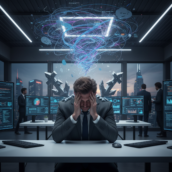Um homem em um escritório moderno, visivelmente sobrecarregado, cercado por representações visuais de ansiedade e perfeccionismo, como pensamentos em turbilhão e uma sensação de peso.