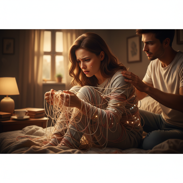 Uma jovem mulher com expressão ansiosa, cercada por fios que simbolizam a pressão do perfeccionismo, com um parceiro compreensivo ao lado, em um ambiente íntimo e acolhedor.