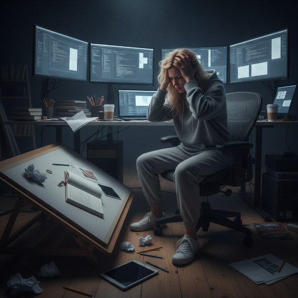 Uma ilustração realista de uma mulher de 39 anos sentada em uma mesa de design, com vários monitores mostrando projetos, olheiras profundas, mãos pressionando as têmporas, com papéis espalhados e um relógio marcando altas horas da madrugada, enquanto um marido ao fundo aparece desfocado, olhando com preocupação.