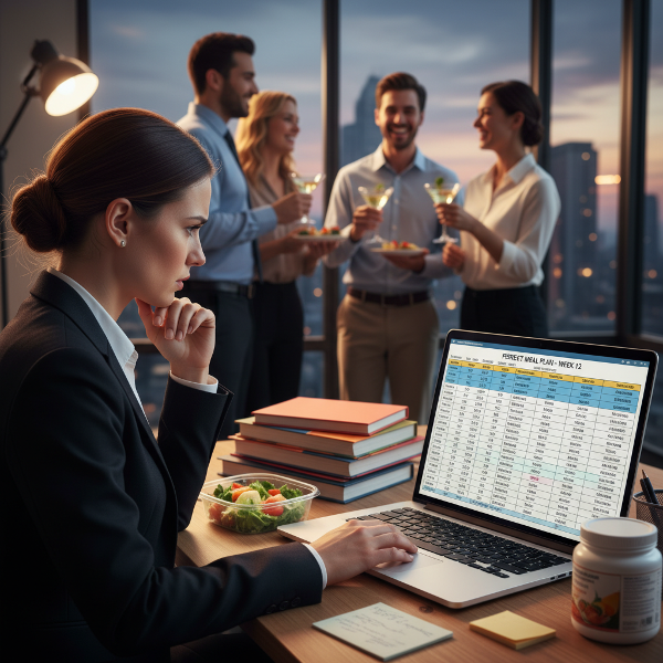 Uma gerente de projetos em seu escritório, cercada por gráficos e um laptop, mas visivelmente angustiada enquanto segura um plano alimentar rígido. Ela está isolada de seus colegas que conversam animadamente ao fundo, ilustrando o conflito entre controle alimentar obsessivo e relações profissionais.