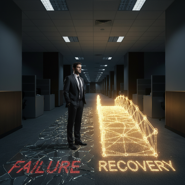 Um gerente em um corredor escuro de escritório, parado em uma encruzilhada simbólica entre um caminho de vidro quebrado (fracasso) e uma ponte de luz sendo reconstruída (recuperação).