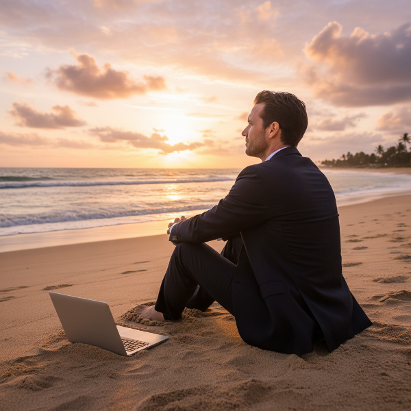 Um analista de sistemas em traje social encontra um momento de paz genuína ao observar o pôr do sol em uma praia deserta, refletindo sobre o vazio além das conquistas profissionais.