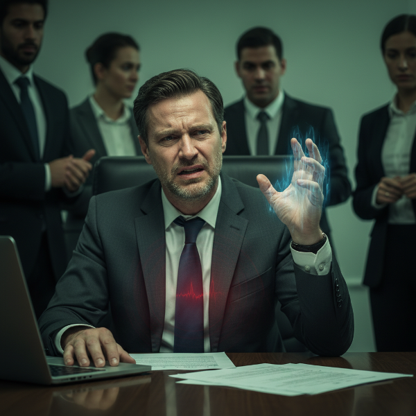 Um executivo em uma reunião tensa sente formigamento nas mãos, com elementos visuais que representam a sobrecarga emocional e a conexão mente-corpo.