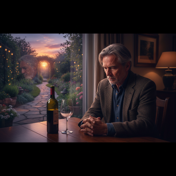 Um homem de meia-idade reflete sozinho em uma mesa com uma garrafa de vinho, enquanto um caminho no jardim pela janela sugere uma nova direção.