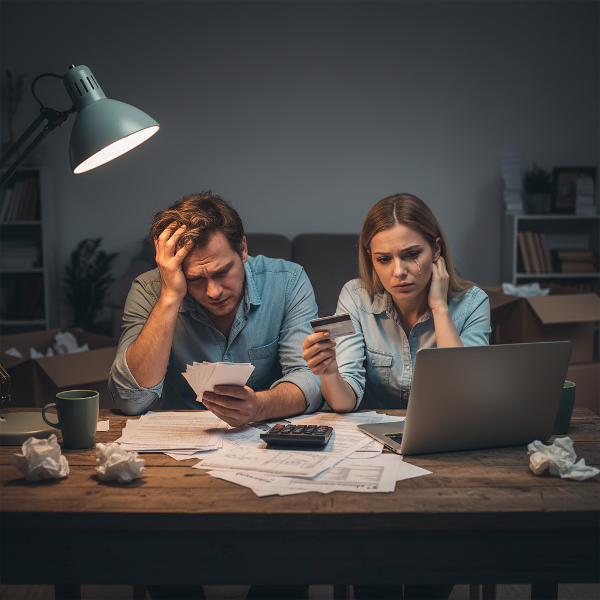 Um homem e uma mulher sentados à mesa com papéis de contas, expressando tensão e preocupação durante uma conversa difícil sobre finanças e planos futuros.