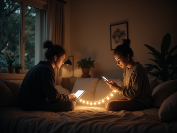 Um casal sentado juntos, mas distantes, cada um em seu dispositivo digital, com uma ponte de luz suave começando a se formar entre eles, simbolizando a reconexão possível.