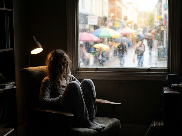 Uma jovem olhando pela janela de um quarto escuro, enquanto um mundo colorido e vibrante passa ao lado, representando o sentimento de desconexão e apatia.